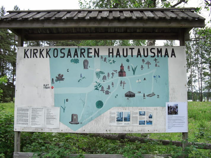 Kirkkosaaren hautausmaan opastetaulu.