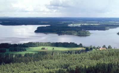 Valokuvassa näkymä mäeltä järvelle. 