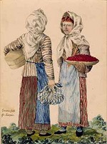 Piirroksessa kaksi naista juttelevat. Naisilla on hunnut päässä ja esiliinat. Toisella on kädessä kangaspussi ja toisella astiallinen marjoja. 