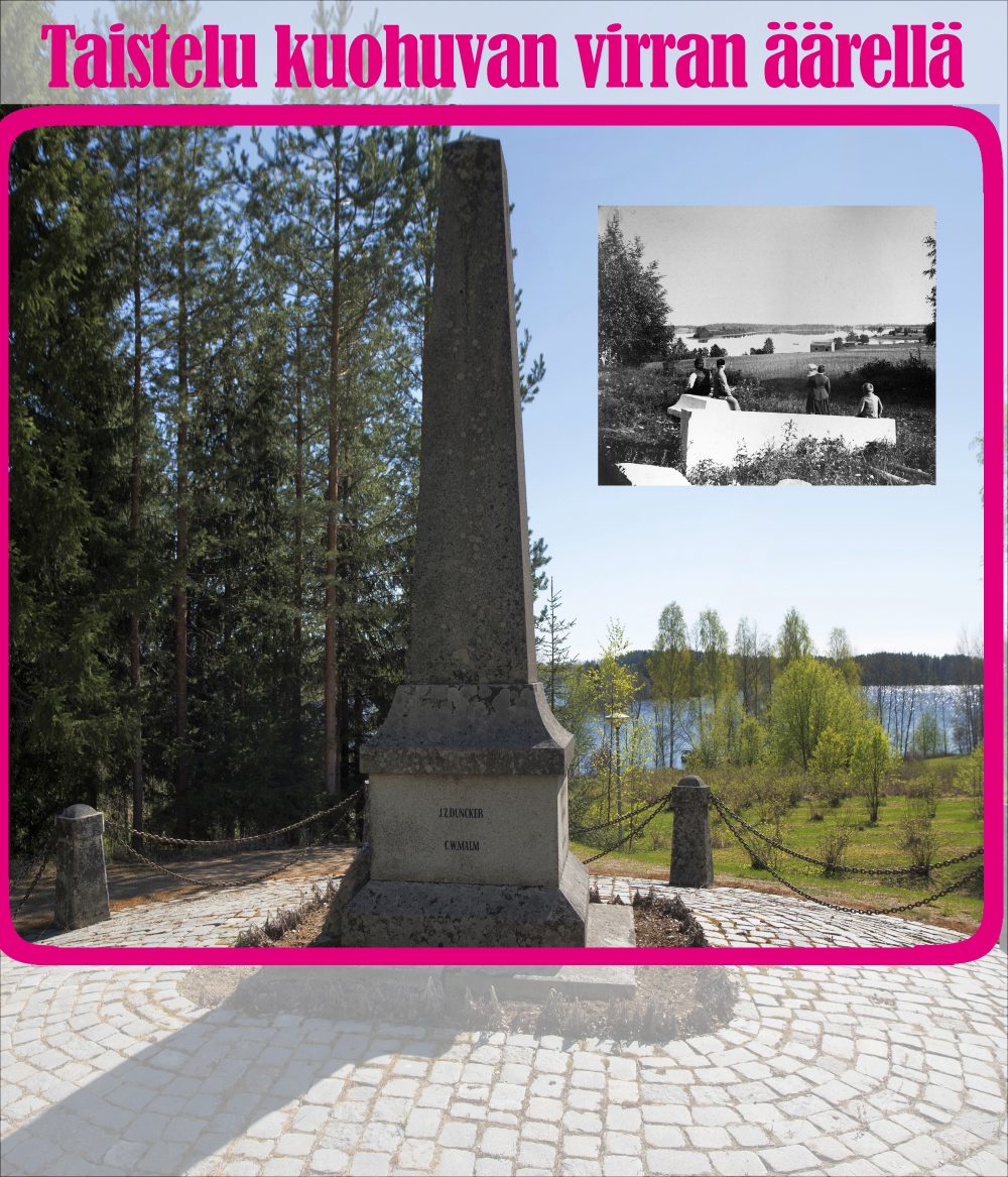 Korkea muistomerkki, jossa kirjoitus J2 Duncker sekä C. W. Malm. Taustalla metsää ja järveä
